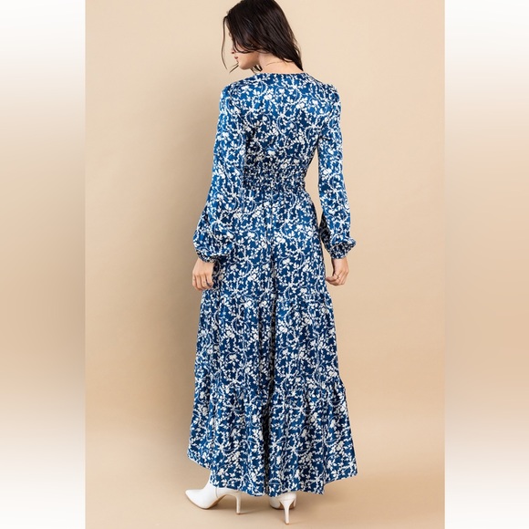 36 Boho Floral Printed Satin Tiered Maxi Dress - Picture 4 of 5